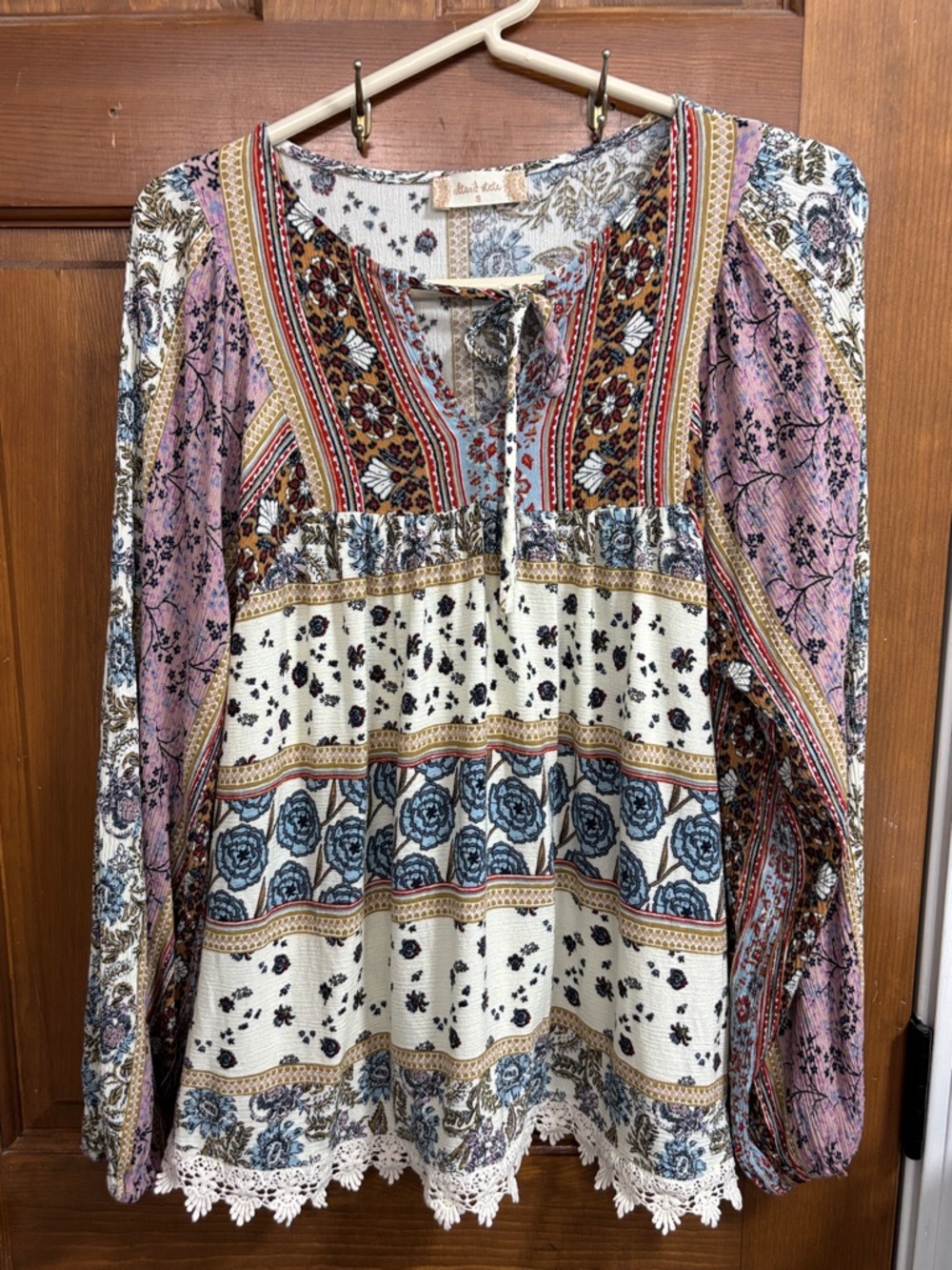 Altar'd State Boho Peasant Floral Crochet Hem Blouse - Blue, Pink, Cream Size S